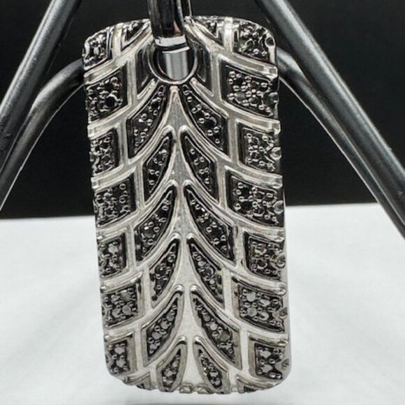 Rhodium Plated Sterling Silver “Racer” Tire Tread Black Diamond Tag With Chain - Picture 1 of 9
